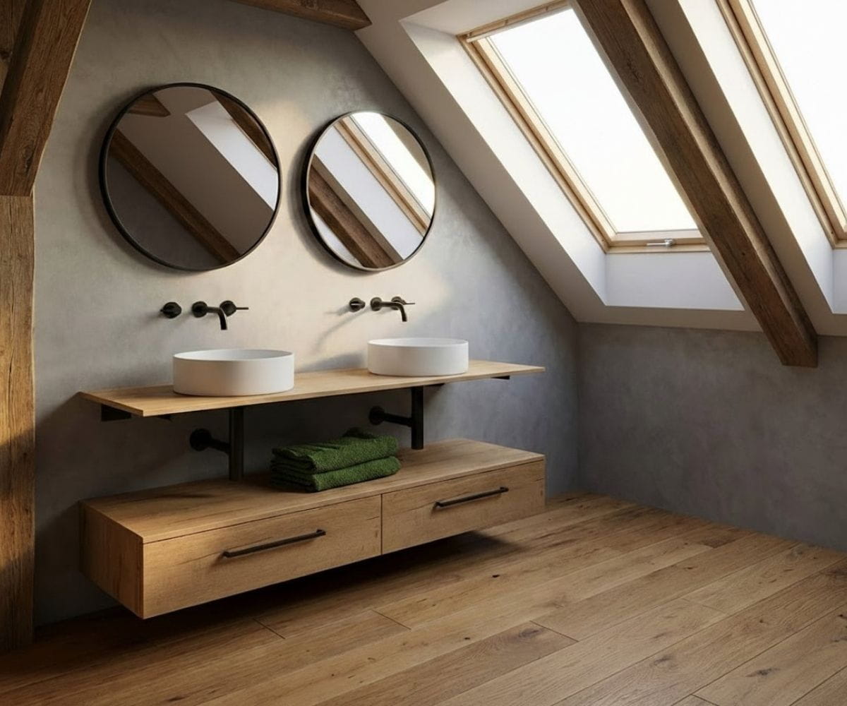 Umyvadlová deska s umyvadly v podkrovní koupelně