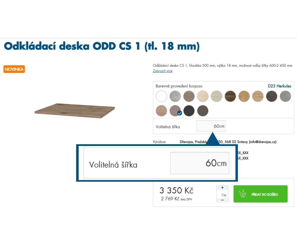 Funkce na zadávání libovolného rozměru odkládací desky