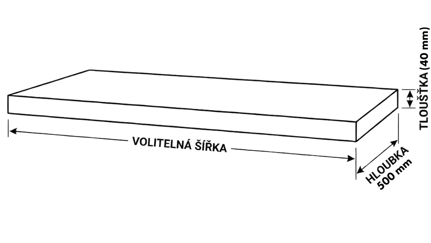 Technický nákres umyvadlové desky z masivu