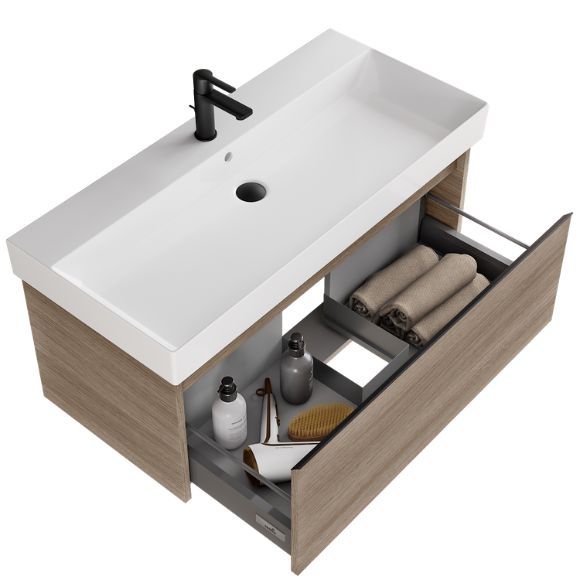 Umyvadlová skříňka BONO s otevřenou zásuvkou a umyvadlem Glance