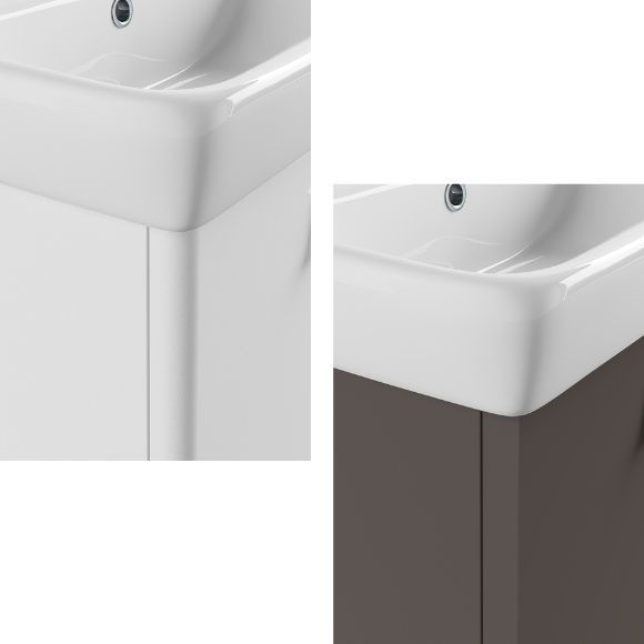 Detail ostré a oblé hrany umyvadlové skříňky DOOR