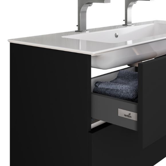 Detail umyvadlové skříňky VARIANTE s tenkým umyvadlem Pura