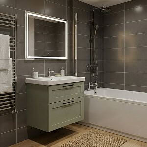 Moderní koupelna v panelovém bytě s tmavými obklady a zelenou umyvadlovou skříňkou