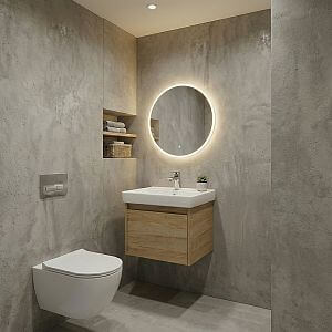 Paneláková koupelna s betonovým dekorem