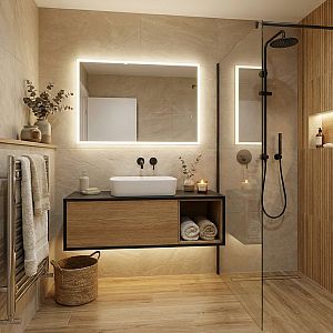 Paneláková koupelna s nábytkem v přírodním dekoru dřeva a teplým LED osvětlením