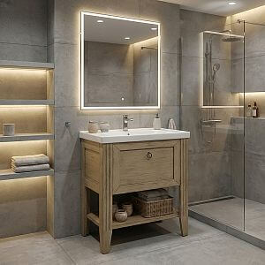 Stylová koupelna v paneláku s umyvadlovou skříňkou a zrcadlem s LED rámem