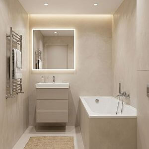 Světlá paneláková koupelna s kompaktní umyvadlovou skříňkou a vanou