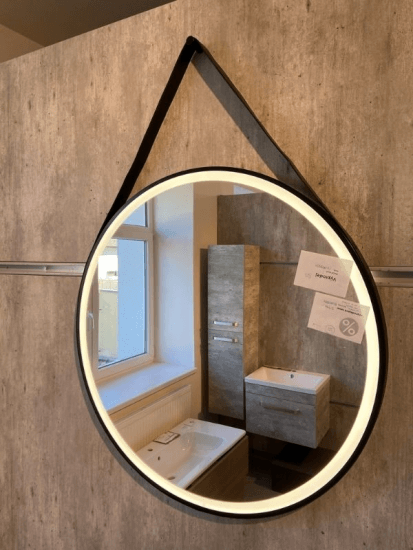 Výprodej 322 - Kulaté ZC s černým rámem šíře 80 cm, LED zepředu s koženkovým pásem na pověšení 