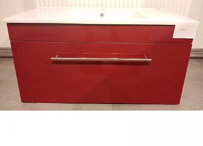 Výprodej 39 - Umyvadlová skříňka ASTON SZ 90, ČERVENÁ lesk, HRAZDA + Umyvadlo ASA SLIM 90 keramické - BÍLÉ 