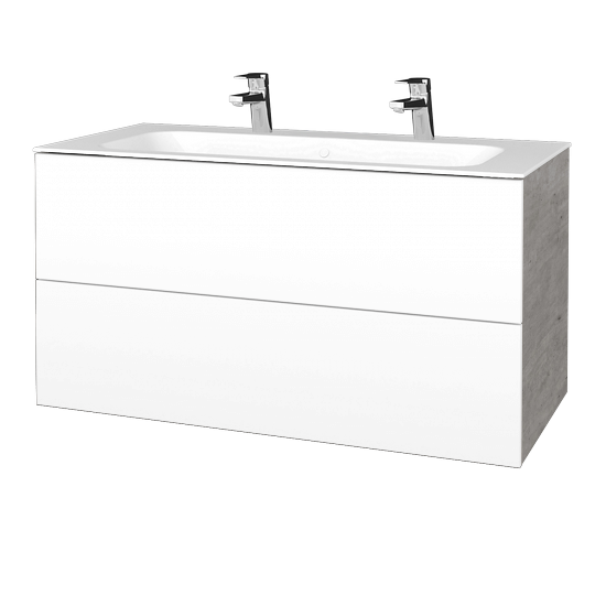Waschtischunterschrank FLAT SZZ2 100 (Waschtisch Finion mit 2 Hahnlöchern)  - D01 Beton - L01 Weiß Lack Hochglanz